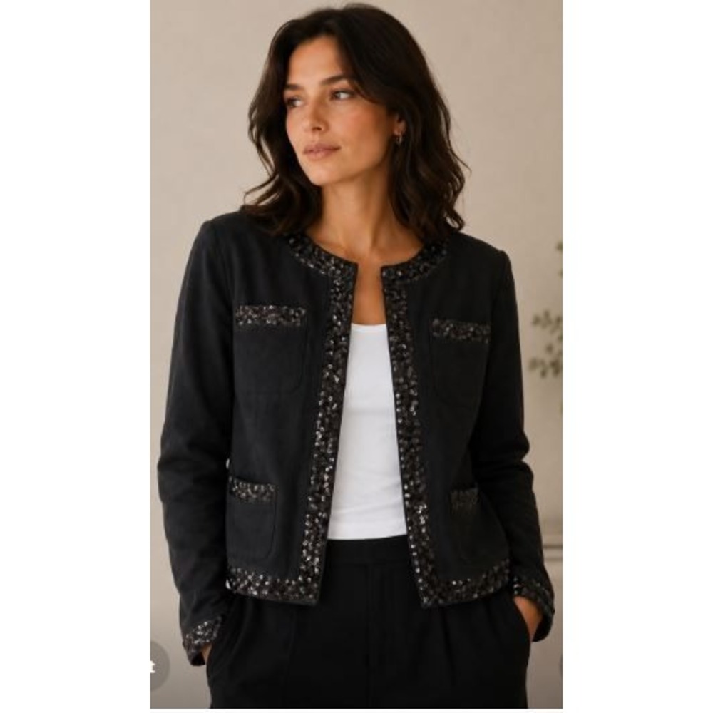 DKNY Silk Sequin Trim Jacket Small Black Evening Blazer Cocktail Chic Classic